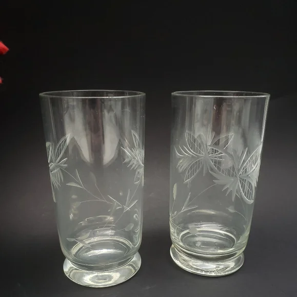2 Vintage Etched Leaf & Flower Crystal Drinking Glasses - Picture 12 of 16